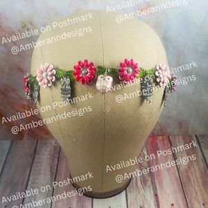 One Of A Kind Pink Sunflower & Green Leaf Floral Headband with Owl Charms